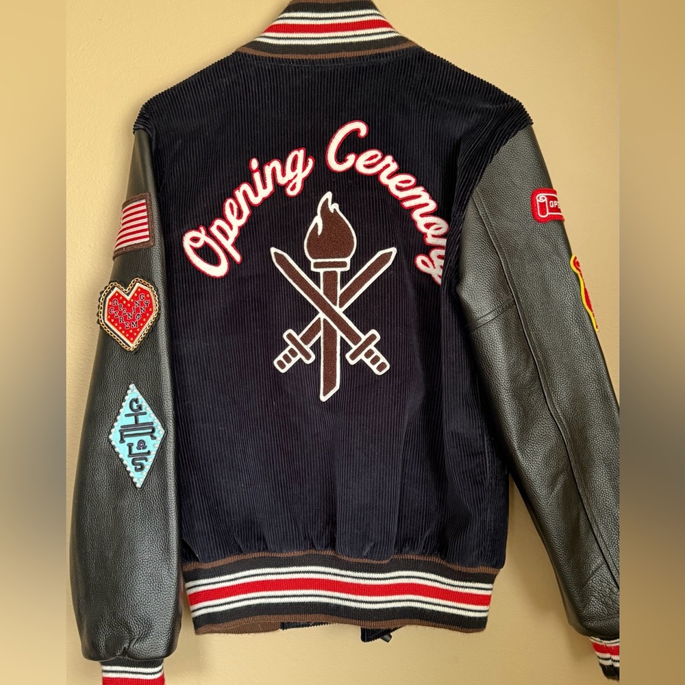 Opening Ceremony Navy Blue, Black and Red Varsity Jacket
